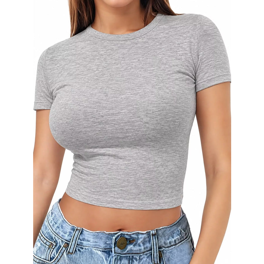 Slim Fit Basic Crew Neck Short Sleeve Crop T-Shirt Heather Gray / XS Apparel and Accessories