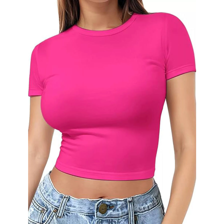 Slim Fit Basic Crew Neck Short Sleeve Crop T-Shirt Hot Pink / XS Apparel and Accessories