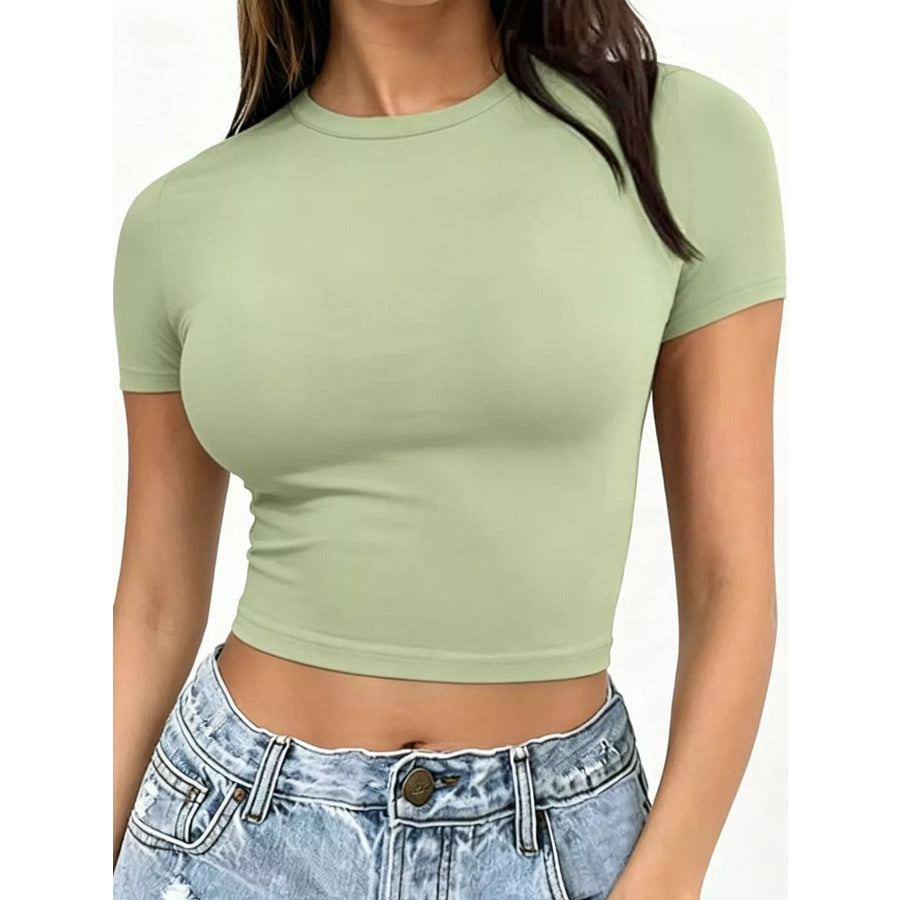 Slim Fit Basic Crew Neck Short Sleeve Crop T-Shirt Light Green / XS Apparel and Accessories