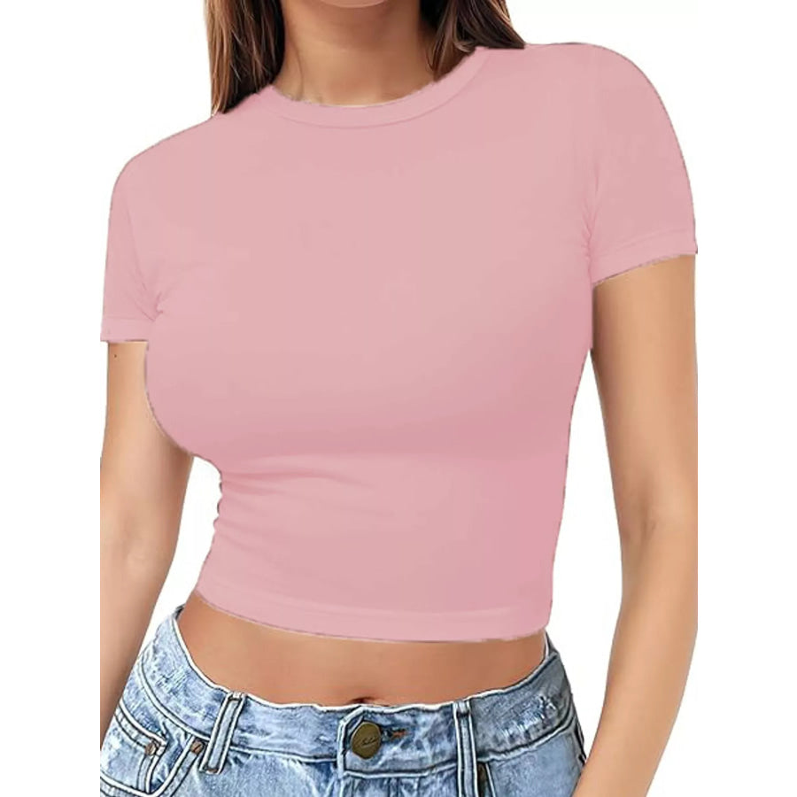 Slim Fit Basic Crew Neck Short Sleeve Crop T-Shirt Light Pink / XS Apparel and Accessories