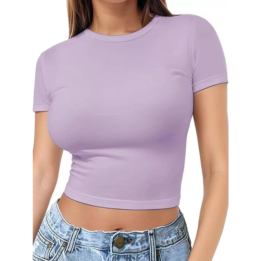 Slim Fit Basic Crew Neck Short Sleeve Crop T-Shirt Light Purple / XS Apparel and Accessories