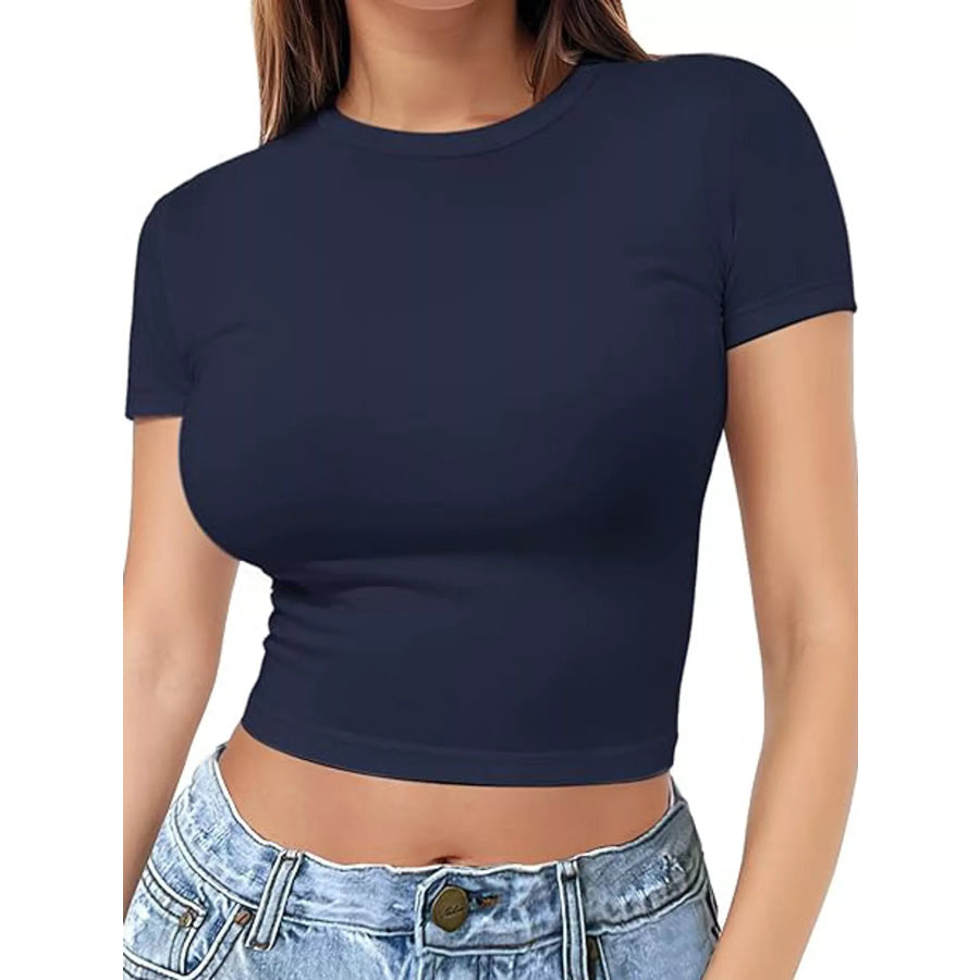 Slim Fit Basic Crew Neck Short Sleeve Crop T-Shirt Navy / XS Apparel and Accessories