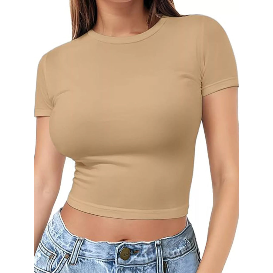 Slim Fit Basic Crew Neck Short Sleeve Crop T-Shirt Nude / XS Apparel and Accessories
