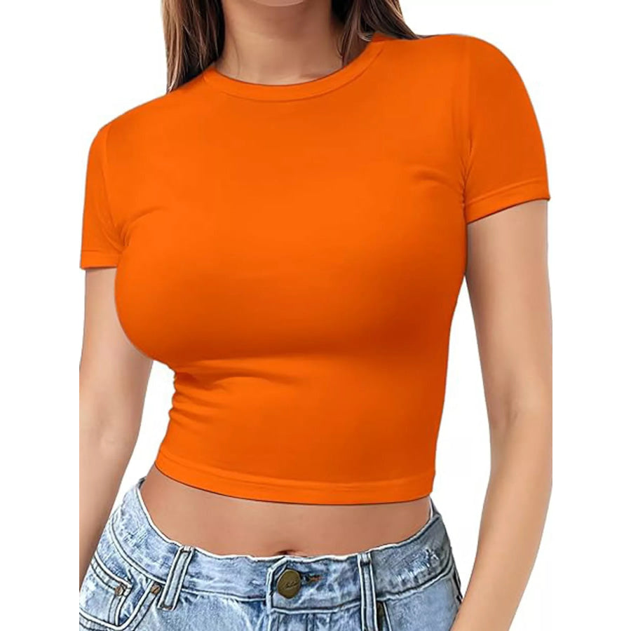 Slim Fit Basic Crew Neck Short Sleeve Crop T-Shirt Orange / XS Apparel and Accessories