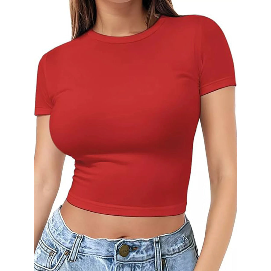 Slim Fit Basic Crew Neck Short Sleeve Crop T-Shirt Red / XS Apparel and Accessories
