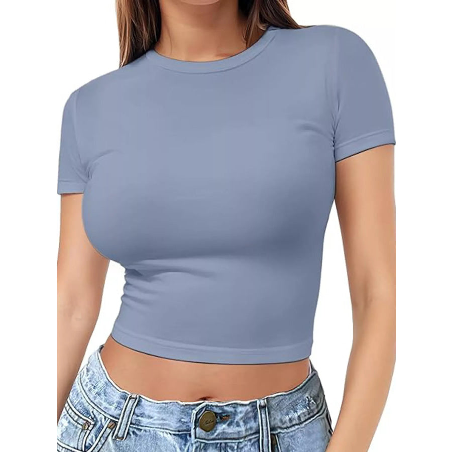 Slim Fit Basic Crew Neck Short Sleeve Crop T-Shirt Sea Blue / XS Apparel and Accessories