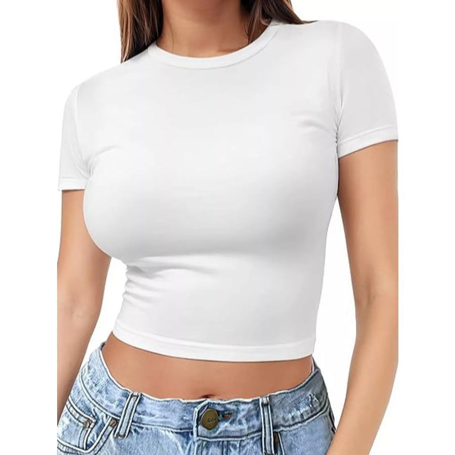 Slim Fit Basic Crew Neck Short Sleeve Crop T-Shirt White / XS Apparel and Accessories