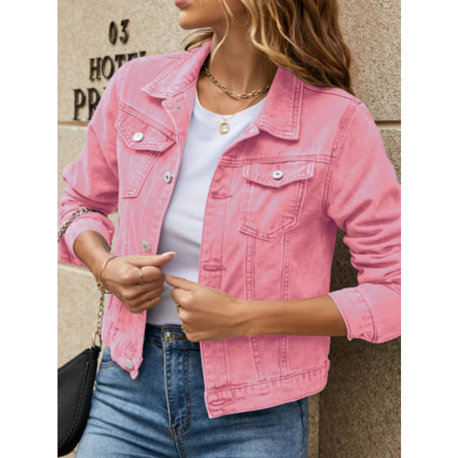 Slim-Fit Button Up Denim Jacket Pink / S Apparel and Accessories