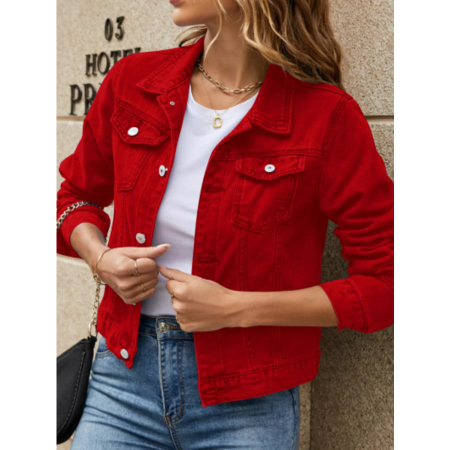 Slim-Fit Button Up Denim Jacket Red / S Apparel and Accessories