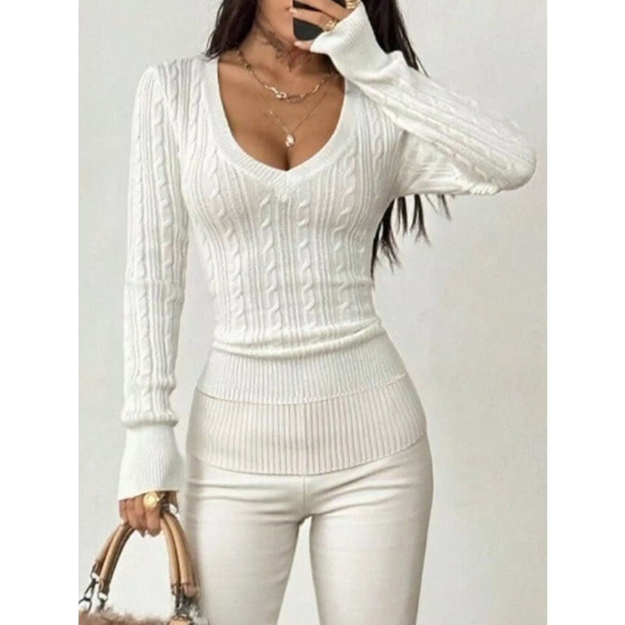 Slim-Fit Cable Knit Top White / S Apparel and Accessories