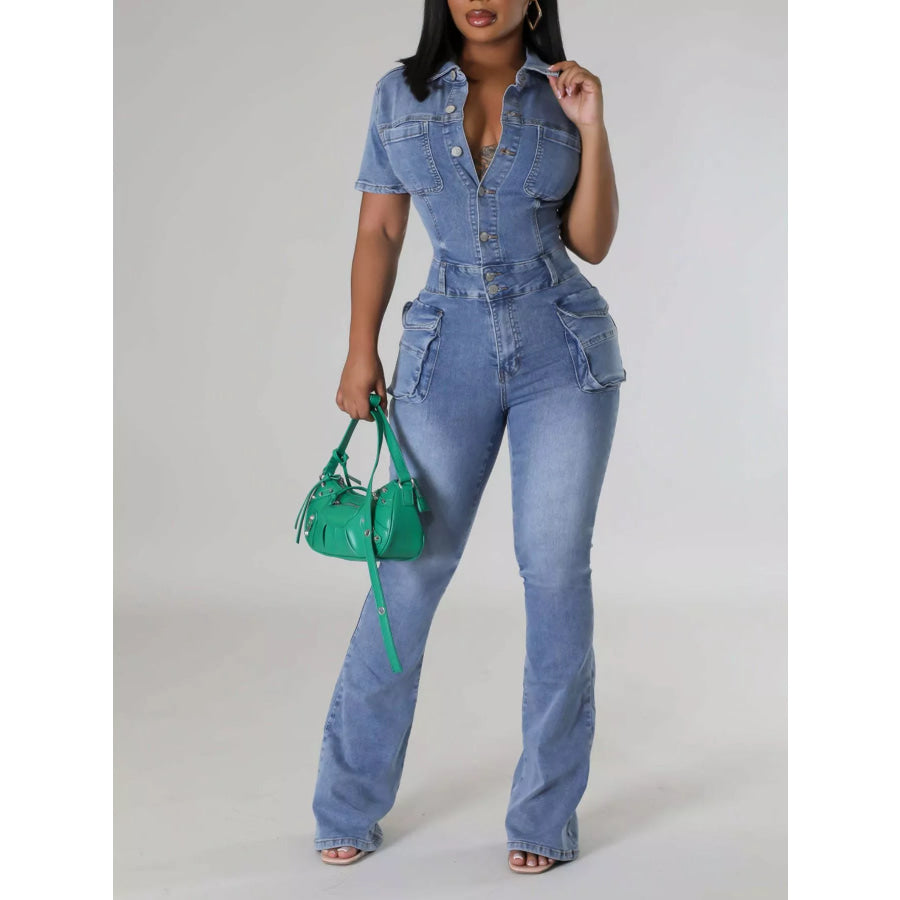 Slim-Fit Denim Jumpsuit with Utility Cargo Pockets and Flared Legs Apparel Accessories
