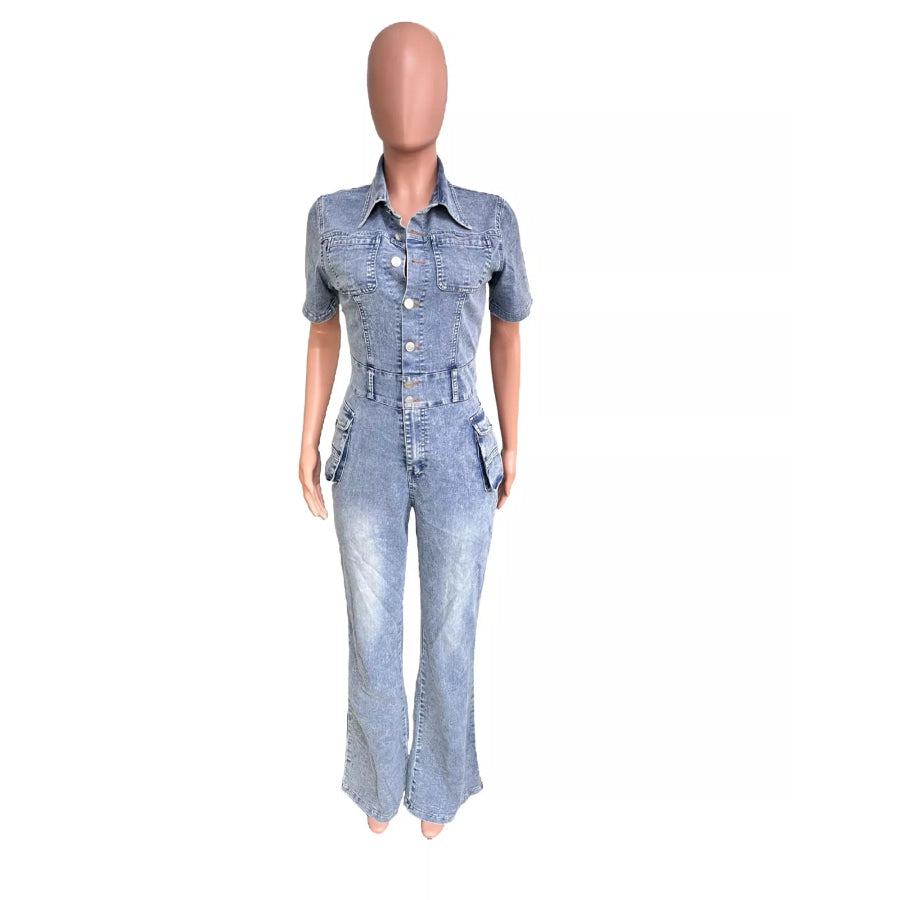 Slim-Fit Denim Jumpsuit with Utility Cargo Pockets and Flared Legs Apparel Accessories