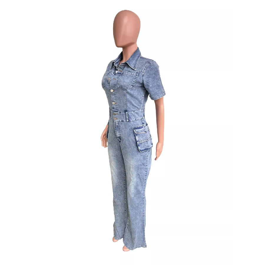 Slim-Fit Denim Jumpsuit with Utility Cargo Pockets and Flared Legs Apparel Accessories