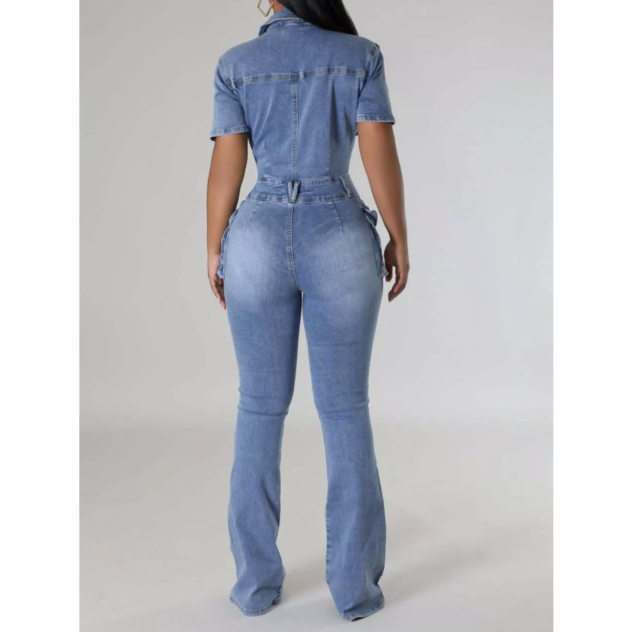Slim-Fit Denim Jumpsuit with Utility Cargo Pockets and Flared Legs Apparel Accessories