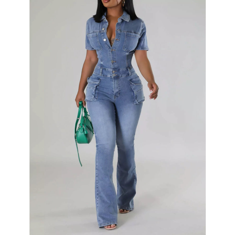 Slim-Fit Denim Jumpsuit with Utility Cargo Pockets and Flared Legs Apparel Accessories