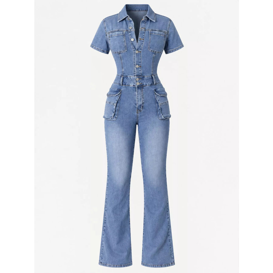Slim-Fit Denim Jumpsuit with Utility Cargo Pockets and Flared Legs Apparel Accessories