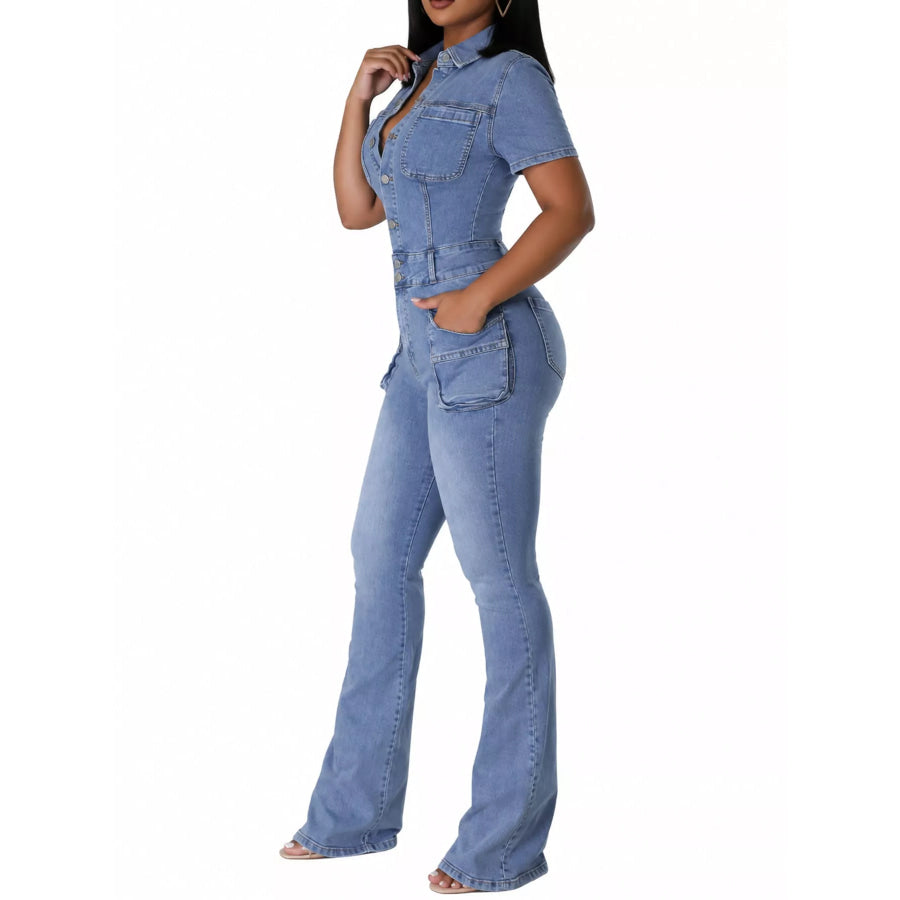 Slim-Fit Denim Jumpsuit with Utility Cargo Pockets and Flared Legs Apparel Accessories