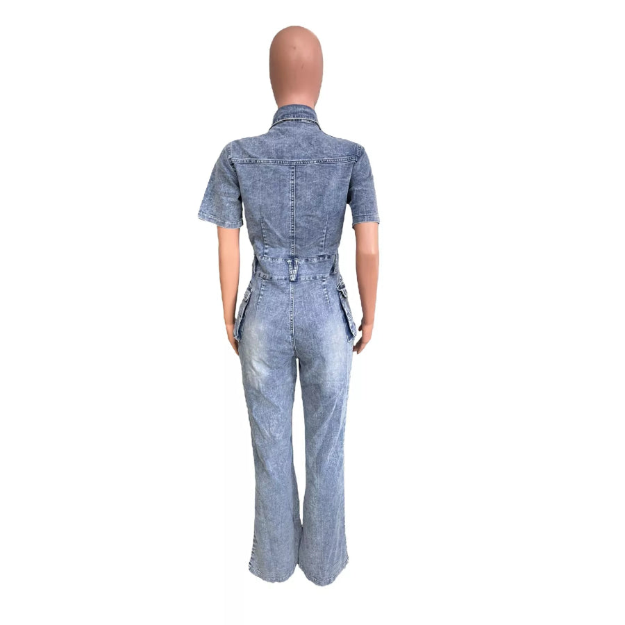 Slim-Fit Denim Jumpsuit with Utility Cargo Pockets and Flared Legs Apparel Accessories