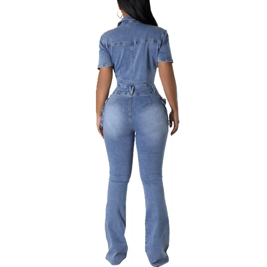 Slim-Fit Denim Jumpsuit with Utility Cargo Pockets and Flared Legs Apparel Accessories