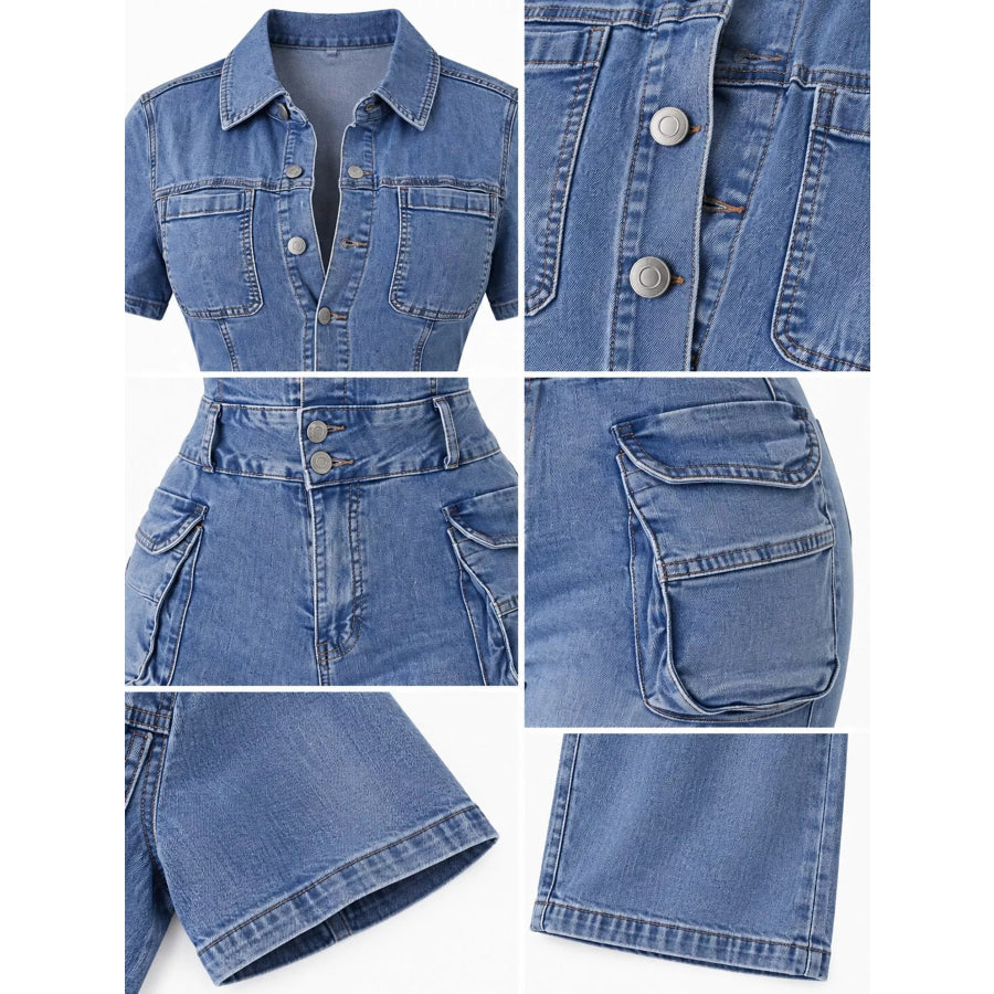 Slim-Fit Denim Jumpsuit with Utility Cargo Pockets and Flared Legs Apparel Accessories