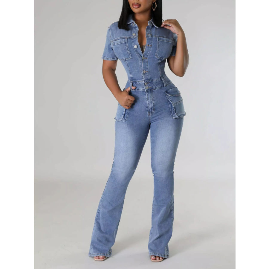Slim-Fit Denim Jumpsuit with Utility Cargo Pockets and Flared Legs Dark Blue / S Apparel Accessories