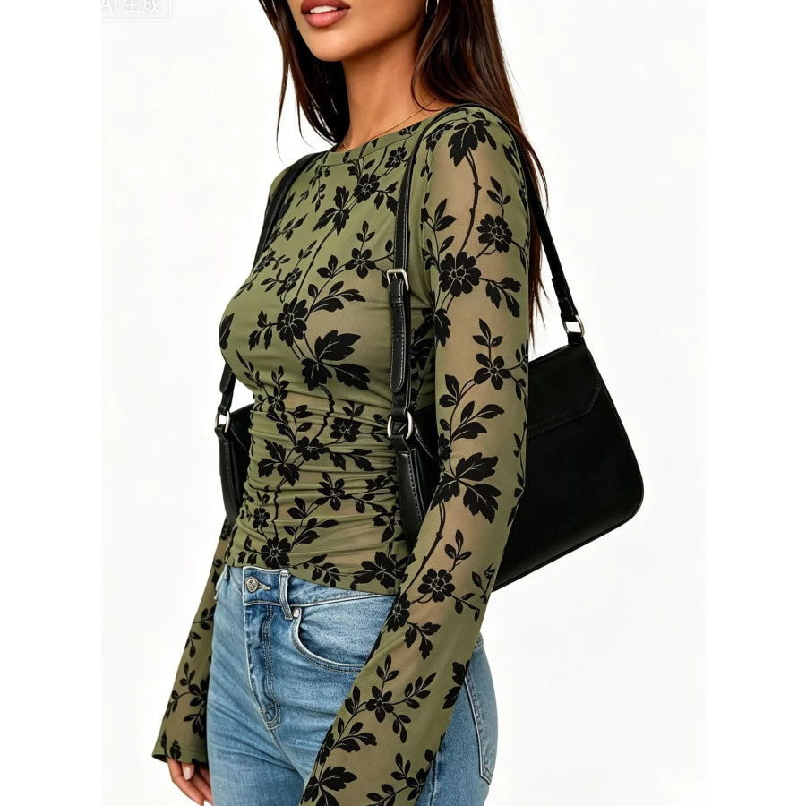 Slim Fit Floral Print Long Sleeve Top Apparel and Accessories
