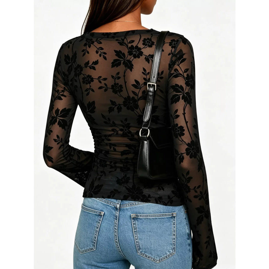 Slim Fit Floral Print Long Sleeve Top Apparel and Accessories