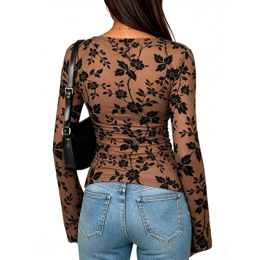 Slim Fit Floral Print Long Sleeve Top Apparel and Accessories