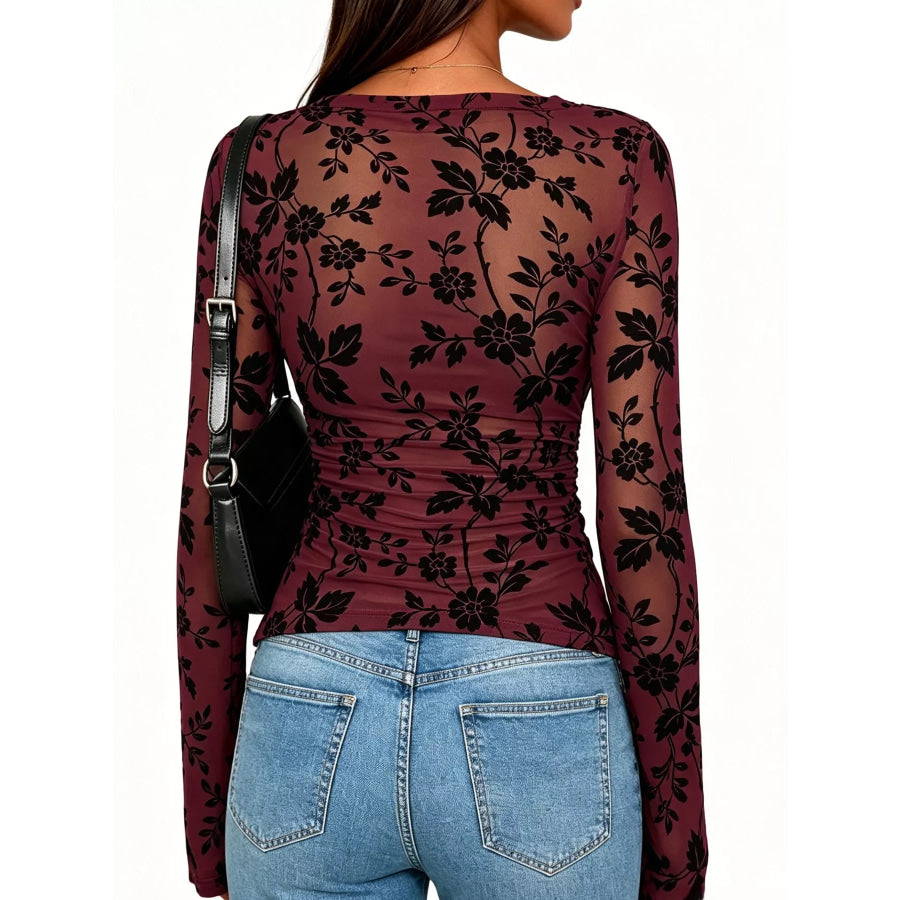 Slim Fit Floral Print Long Sleeve Top Apparel and Accessories