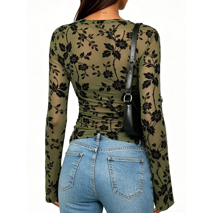 Slim Fit Floral Print Long Sleeve Top Apparel and Accessories