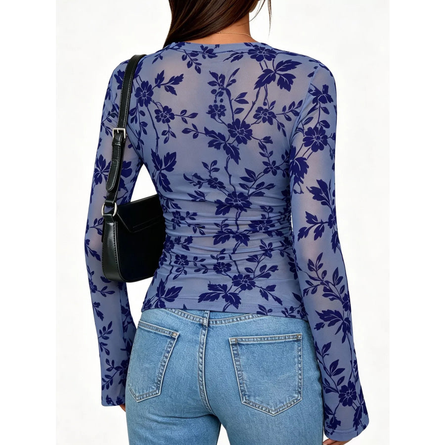 Slim Fit Floral Print Long Sleeve Top Apparel and Accessories