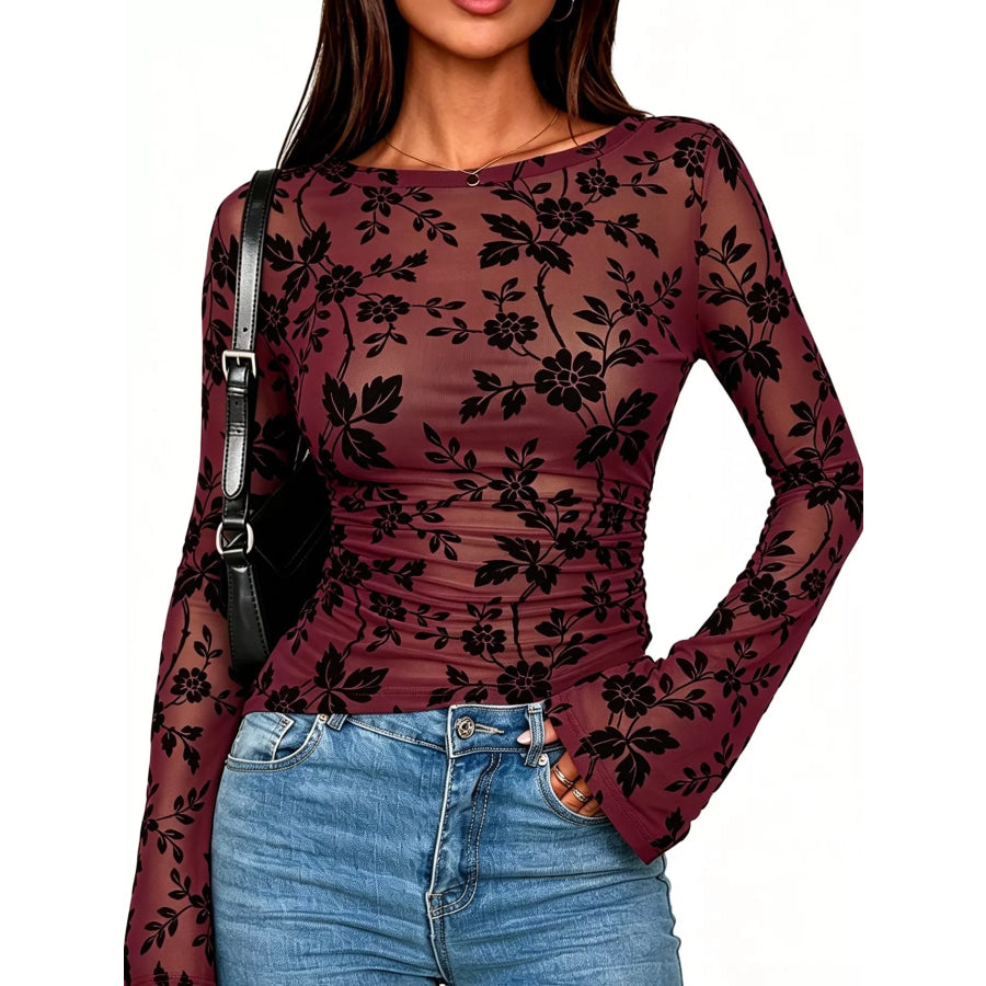 Slim Fit Floral Print Long Sleeve Top Burgundy / S Apparel and Accessories