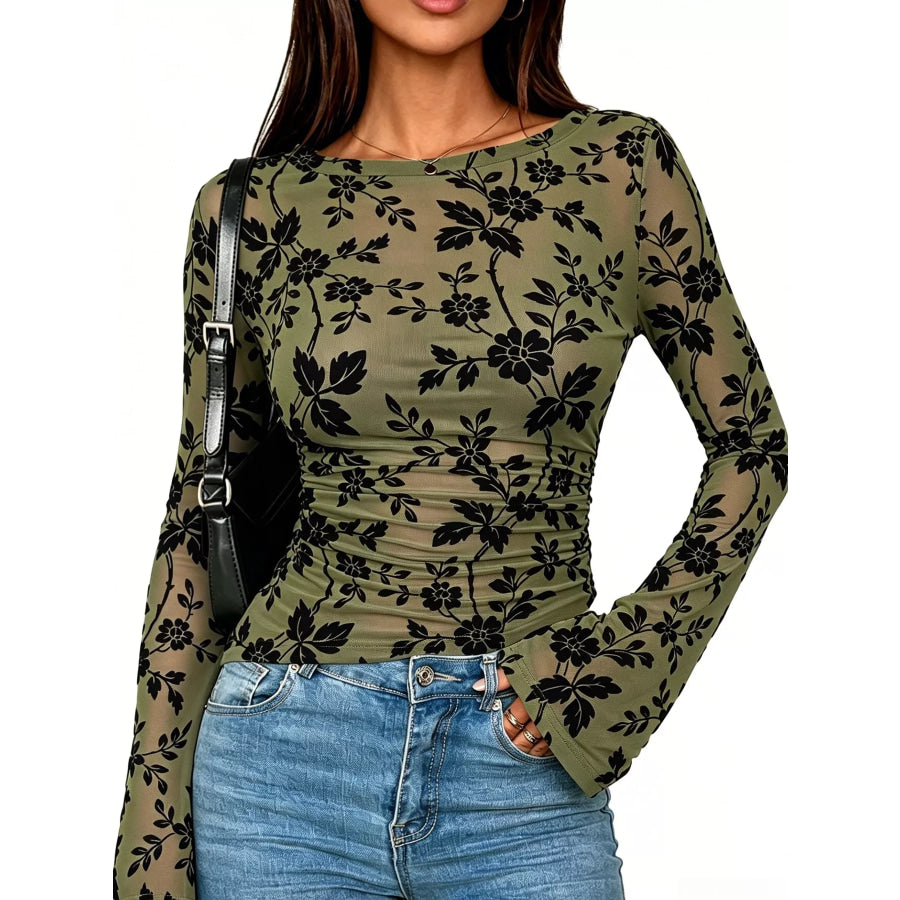 Slim Fit Floral Print Long Sleeve Top Green / S Apparel and Accessories