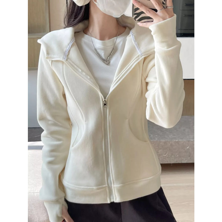 Slim-Fit Full-Zip Thumb Hole Long Sleeve Hoodie with Pockets Apparel and Accessories