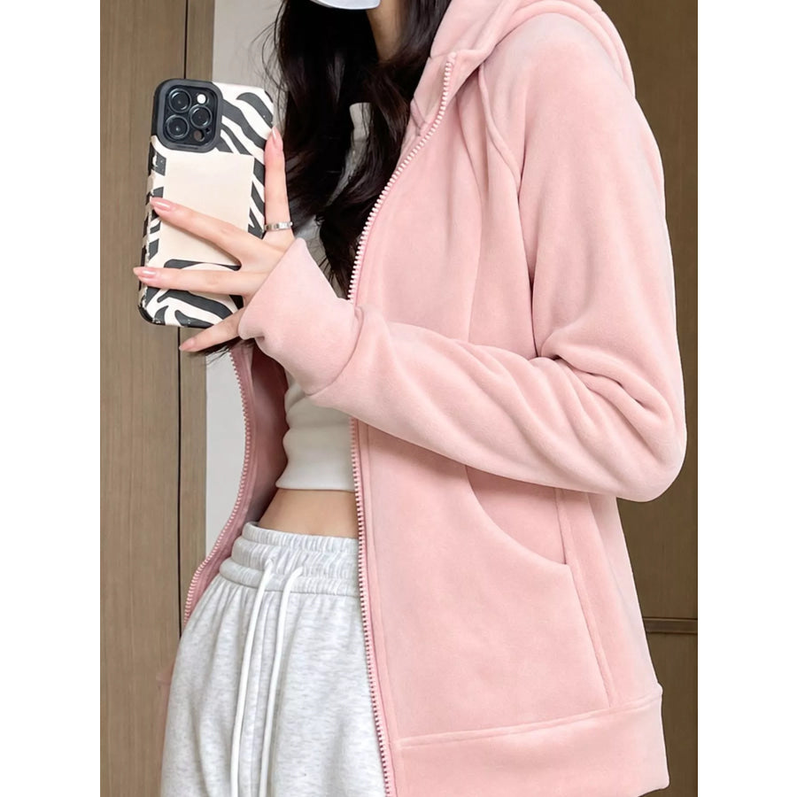 Slim-Fit Full-Zip Thumb Hole Long Sleeve Hoodie with Pockets Apparel and Accessories