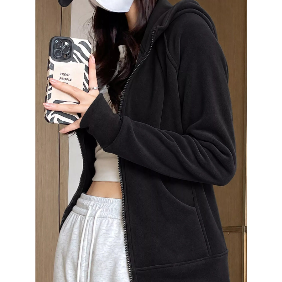 Slim-Fit Full-Zip Thumb Hole Long Sleeve Hoodie with Pockets Apparel and Accessories