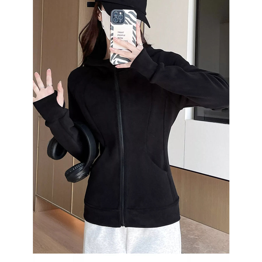 Slim-Fit Full-Zip Thumb Hole Long Sleeve Hoodie with Pockets Apparel and Accessories