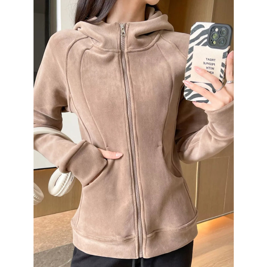 Slim-Fit Full-Zip Thumb Hole Long Sleeve Hoodie with Pockets Apparel and Accessories