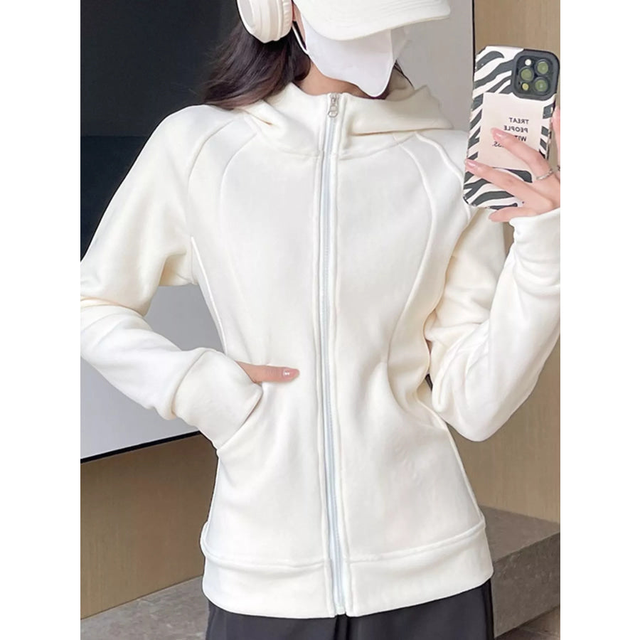 Slim-Fit Full-Zip Thumb Hole Long Sleeve Hoodie with Pockets Beige Apricot / S Apparel and Accessories
