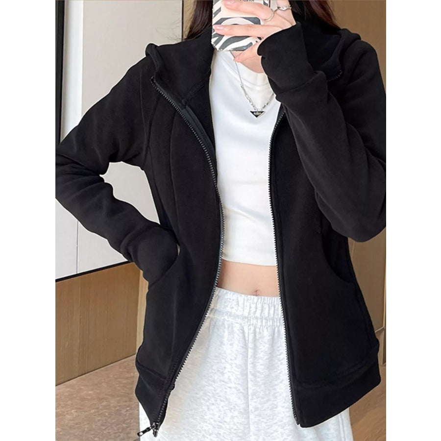 Slim-Fit Full-Zip Thumb Hole Long Sleeve Hoodie with Pockets Black / S Apparel and Accessories
