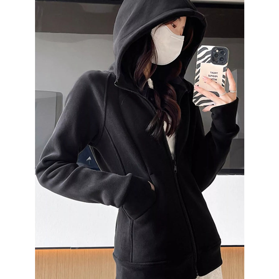 Slim-Fit Full-Zip Thumb Hole Long Sleeve Hoodie with Pockets Black-Sherpa Fleece / S Apparel and Accessories