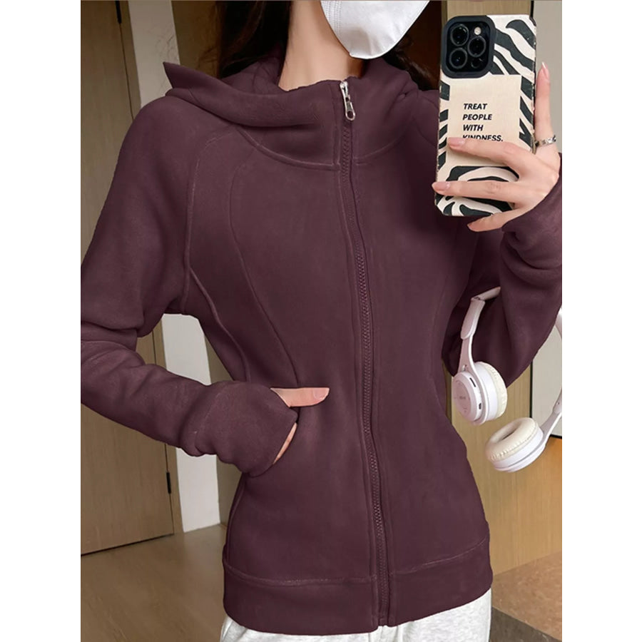 Slim-Fit Full-Zip Thumb Hole Long Sleeve Hoodie with Pockets Dark Brown / S Apparel and Accessories