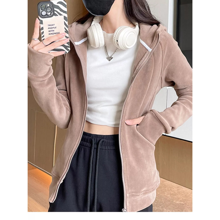 Slim-Fit Full-Zip Thumb Hole Long Sleeve Hoodie with Pockets Light Coffee / S Apparel and Accessories