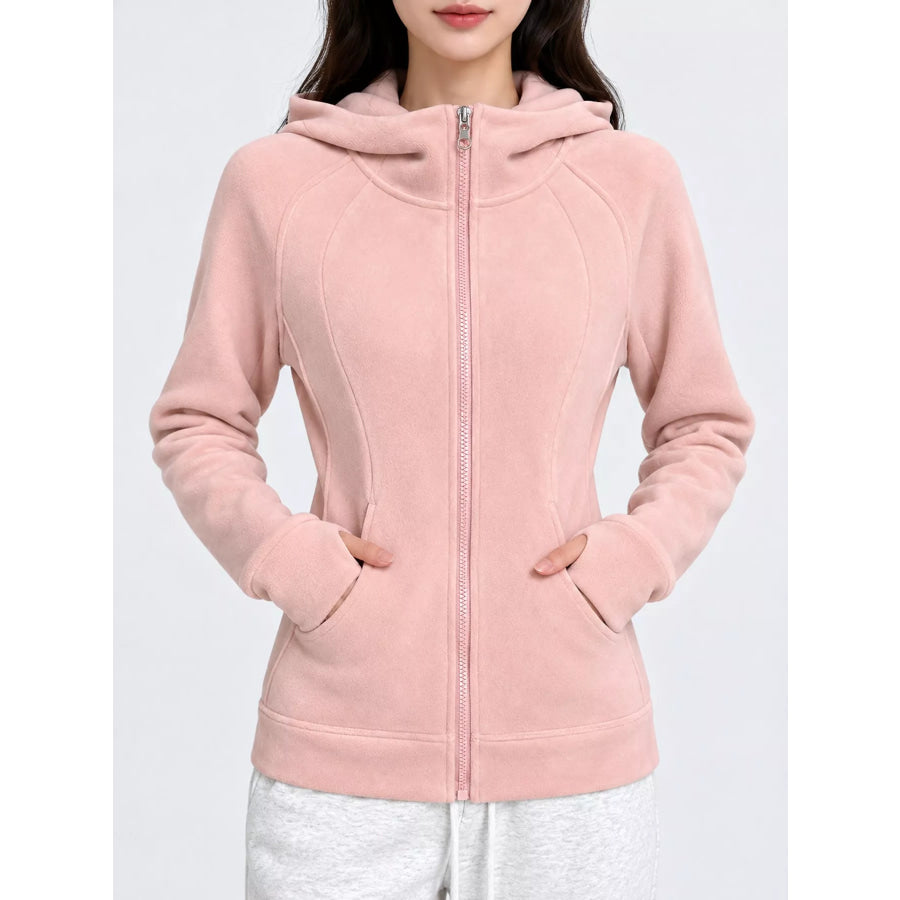 Slim-Fit Full-Zip Thumb Hole Long Sleeve Hoodie with Pockets Pink-Sherpa Fleece / S Apparel and Accessories