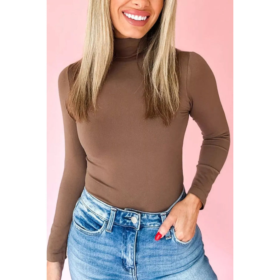 Slim Fit High Neck Long Sleeve Basic Top Taupe / S Apparel and Accessories