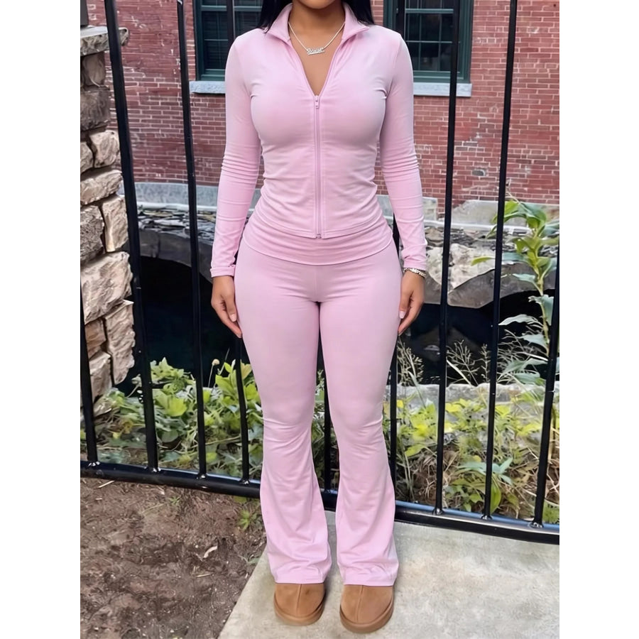 Slim Fit Hooded Zip-Up Top and Flared Pants Set Apparel Accessories
