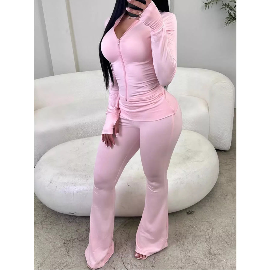 Slim Fit Hooded Zip-Up Top and Flared Pants Set Apparel Accessories