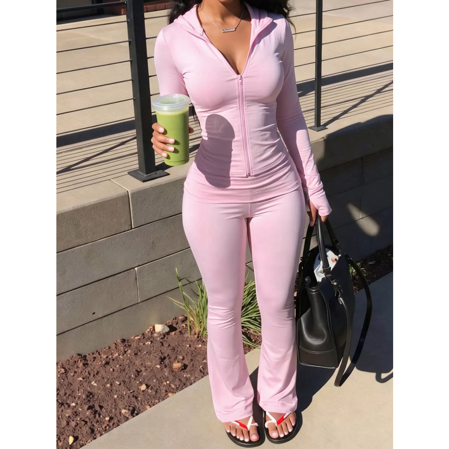 Slim Fit Hooded Zip-Up Top and Flared Pants Set Pink / S Apparel Accessories