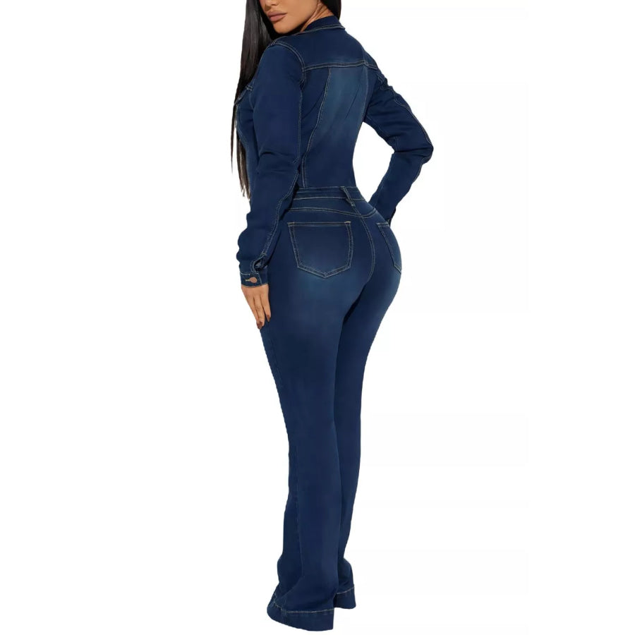 Slim-Fit Long Sleeve Denim Jumpsuit with Flared Legs Apparel and Accessories