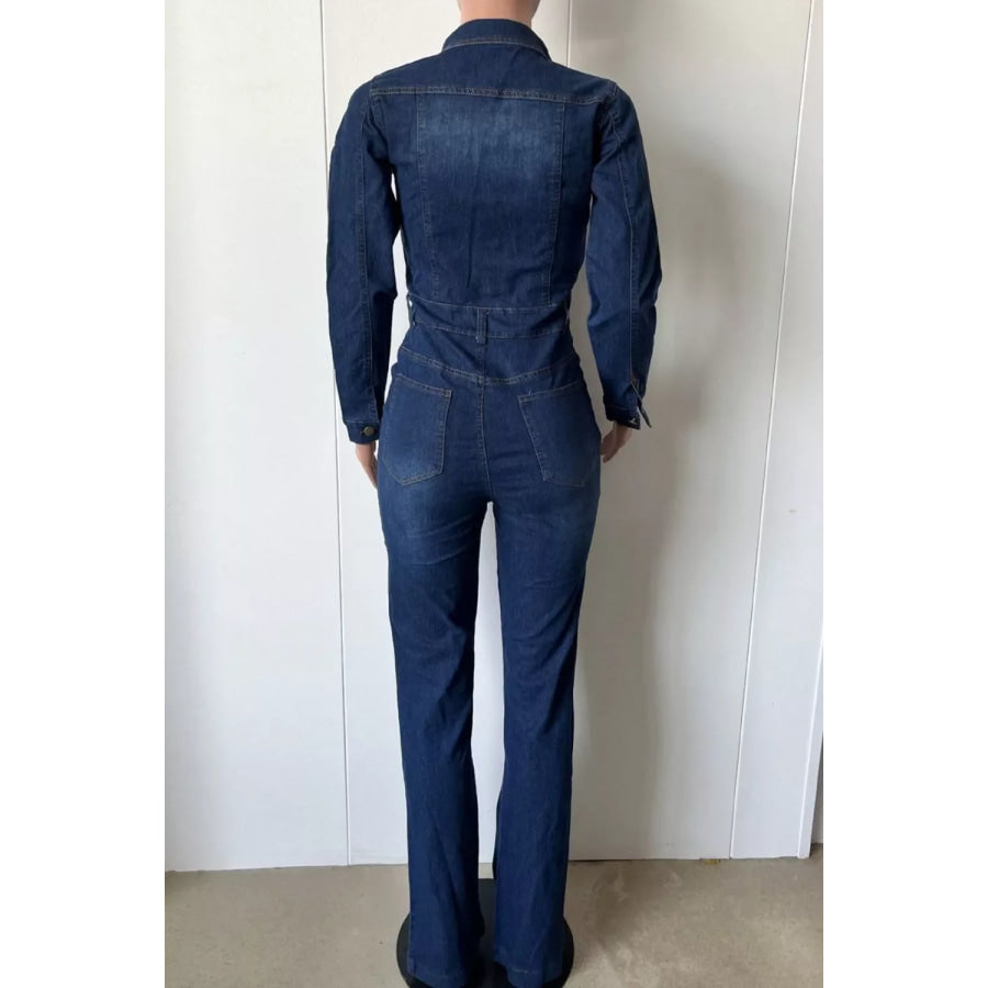 Slim-Fit Long Sleeve Denim Jumpsuit with Flared Legs Apparel and Accessories